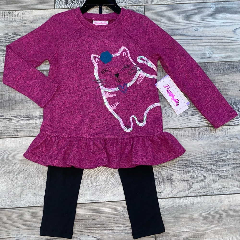 NWT Flapdoodles Girl’s Sequin Purple Pink Kitty Cat Outfit 2pc Set Size 4 4T